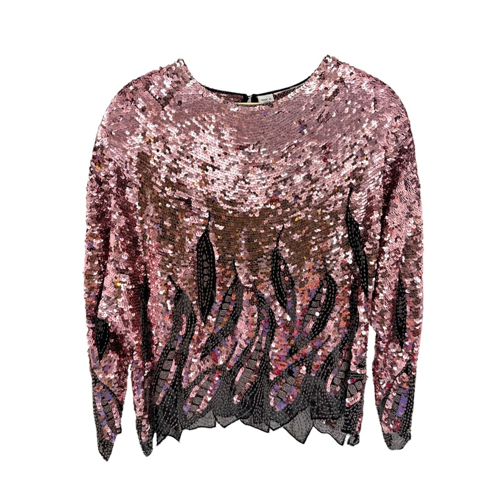 Vtg Oleg Cassini Silk Iridescent Sequin Top Hand Beaded Party Blouse L Disco